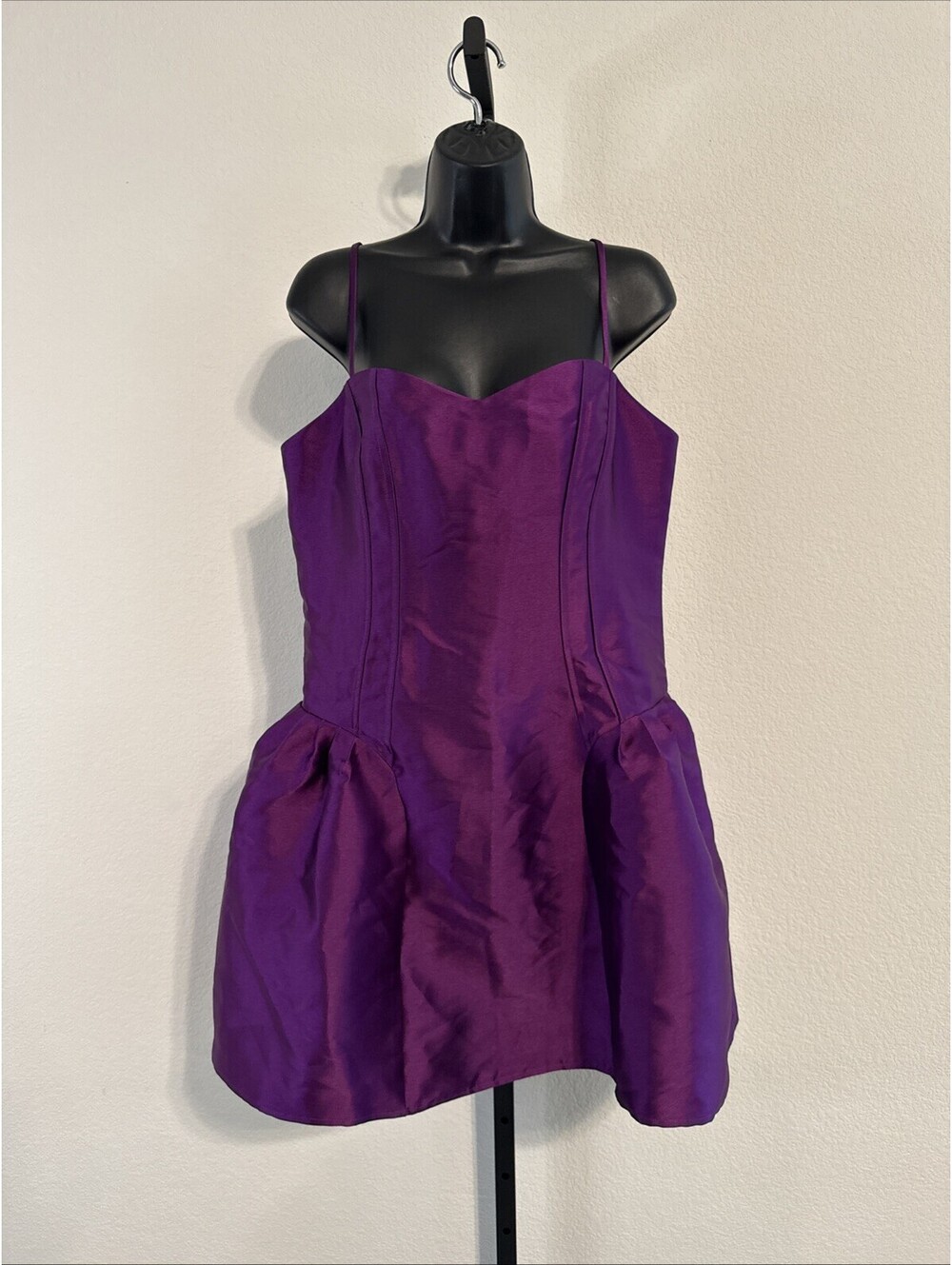 NWT Express Purple Satin Sweetheart Drop Waist Smocked Back Mini Dress 14 - Picture 2 of 9